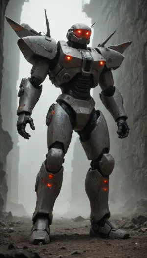 masterpiece, 4k, mecha, futuristic, battle_ready, full_body, highly_detailed, weathered, metallic_texture, light_grey, dark_grey, black, rivets, hinges, vents, rugged, industrial_aesthetic, glowing_red_eyes, static_stance, upright, facing_viewer, low_angle, imposing_size, diffused_lighting, subtle_shadows, realistic, high_resolution, advanced_technology, perfect_physics