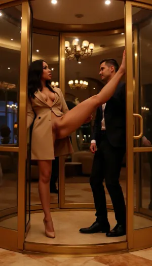 A hyperrealistic, (cinematic 2:3), editorial photograph set inside the golden revolving door of an ultra-luxury hotel at night. A stunning ebony woman in a fitted beige trench coat lifts one leg high with elegant precision, using her heel to block the rotating glass door in place. Her raised leg is graceful, long, perfectly posed, her pointed stiletto firmly pressing against the brass frame of the moving door, freezing it mid-motion. With her free hand, she grips the tie of a handsome man in a tailored dark suit, pulling him closer into the narrow space of the revolving compartment. Their faces are close, charged with cinematic tension. He looks at her with controlled surprise, caught between admiration and anticipation. The curved glass panels create complex layered reflections, multiple silhouettes, distorted highlights, faint duplicates of their bodies. Warm golden chandelier light glows behind them, mixing with the cool evening blue outside. Bokeh sparkles, glossy brass trim, marble reflections, soft shadows and precise facial highlights enhance the premium high-fashion look. The overall atmosphere is seductive but fully safe, luxury, attitude, sophistication, dramatic posture, a bold and impossible gesture that instantly draws attention and engagement. High-definition textures, perfect lighting, and a strong visual WOW effect.