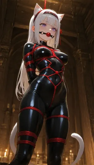4k, highly detailed, petite girl, petite body, solo, Emilia from Rezero, latex cat girl, bound in intricate red rope shibari, suspended from the ceiling in a dimly lit dungeon, wearing a latex bodysuit with a tail, cat ears headband, ball gag, dramatic lighting, high contrast, cinematic, hyperrealistic, detailed textures