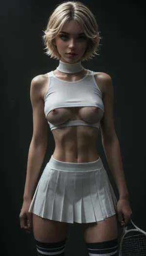 londe short hair, (seductive face:1.2), (clubfoot), standing, (athletic body:1.4), (sexy pose), (athletic abs), (big perky tits:1.5), (narrow waist:1.3), (hip gap:1.3), (blue eyes), ((white crop top:1.5)), (white tennis skirt:1.4), ((white striper thigh-high socks:1.4)), (socks over knee with black stripe), (score_7_up, score_8_up, score_9, 1girl, solo, masterpiece), wet, (chiaroscuro lighting:.5), ((blue_eyes:2)), (makeup:1.6), erected nipples, ((view from front:1.7)), (oiled skin:1.1), (underboobs:1.2), (Big perky tits:1.2), ((tennis sneakers)), <lora:sunnyrayyxo_v1_SDXLBase:.4>, <lora:dark:.4>, <lora:attractive_notrigger:.8>