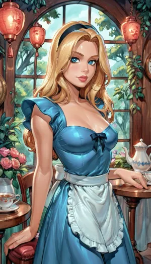 (upper body shot), Alice in Wonderland, 18yo woman with long blonde hair and a black headband, wearing a blue dress with a white apron, small breasts, shaven pussy, Whimsical outdoor tea party in a fantasy garden, long table covered with mismatched teacups and teapots, colorful chairs at odd angles, hanging lanterns and clocks, oversized flowers and twisted trees, chaotic playful atmosphere, (reiq style), <lora:cartoon_stickers_xl_v1:2>, <lora:ratatatat74-000050:2>, <lora:detailed_notrigger:2>
