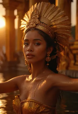 Portriat of a Balinese woman, dancing in a dynamic pose, elaborate headdress, golden water temple, water shines like liquid gold, bathed in the golden light of sunset, medium-shot, perfect, eyes, skin, blemish, detailed, <lora:polyhedron_all_sdxl-000004:1>, <lora:MJ52:.5>, <lora:strange_poses:.8>