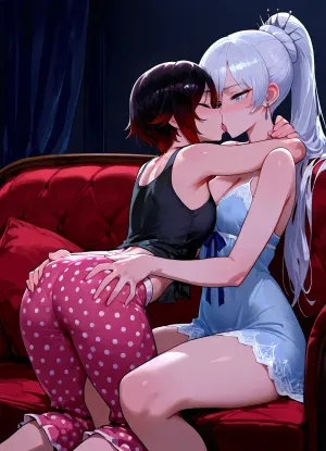 Ruby Rose, (RWBY), and Weiss Schnee, kissing and cuddling with each other on the couch in their pajamas., (Weiss Schnee is a tall, skinny woman with long, white hair, blue eyes, wearing a blue transparent nightgown.), (Ruby Rose is a short, petite woman with short black hair, grey eyes. Ruby is wearing a black tank top and long pink polka-dot pajama pants.), Dark, dim living room, cozy couch.

2 girls, assigned clothes, blushing, tongue kissing, cuddling, hugging, grabbing ass, grabbing boobs, hands under clothes, soft, warm, 4k detail, clear, crisp.