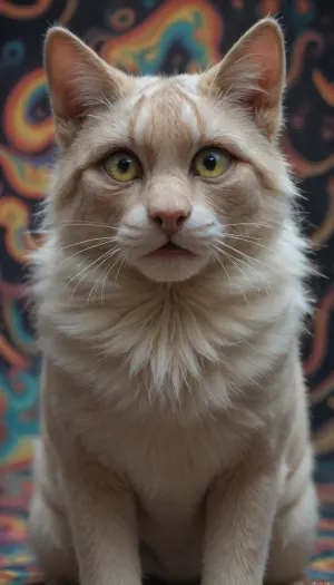 Psychedelic Photo of an actual cat, large cat, realistic detail, trippy visuals, crazy visuals, weird ambient lighting, background visuals, clear details, Psychedelic background, psychedelic pattern on fur, trippy unique eye colors, cat is definitely not impressed