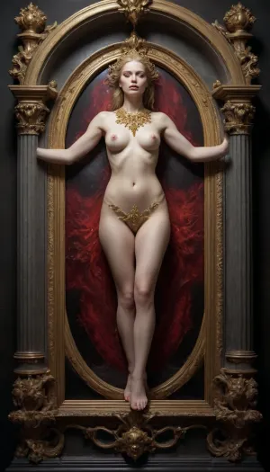 AMAZING NUDE goddess woman spaceship, sculpt, realistic marine paintings, SUREAL juxtaposition of hard and soft lines, Symmetry . 3d gold opals frame. mystical symbol in real life, monumental murals, by Royo Ian Miller and Giger mirror shined liquid metal chrome, giant figure, ghost, glowing starry opalescent embroidered translucent refraction ethereal light air gate, dripping with opals and gold xtraordinary creativity of fashion intricately baroque flower détail with discreet figures carved in marble FRAME 3d texture in vantablack and red, old clock pottery time + lensed by Albert Watson + designed by Beksinski, Max Ernst, Peter Grick sculpture, guardian of time and the passage to the other side, amazing, inspiring and delightful, lace symmetry, mystical occult symbol in real life, high detail, soft warm, gothic cathedral, NATURAL PHOTO