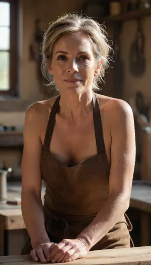 A close-up portrait of an 60 year old female artisan woodworker in a sunlit workshop, sitting at a workbench, focus on workpiece, dust motes dancing in the light, extreme detail on weathered skin and wood grain, she is naked, she wears Leather Apron, toned skin, low wild ponytail hairdo, shot on 85mm lens, cinematic lighting, warm tones, brunett hair with blonde highlights, medium breasts