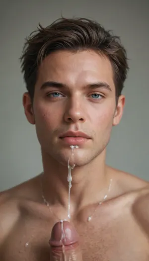 pulsating cum shoots out of a thick cock on the face of a gay daddy