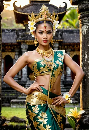 A cinematic portrait of a Balinese temple dancer performing the Legong dance in intricate traditional costumes with gold leaf, (Prada), . An intricately crafted gold filigree crown, (Gelungang), decorated with fresh frangipani flowers. An elaborate silk sarong with bright floral patterns. Expressive eyes and dramatic hand gestures, (mudra), . The backdrop of ancient moss-covered Balinese stone temple gates, (Kandi Bentar), at golden hour. Soft cinematic lighting, hyper-realistic, 8k, bokeh, cultural style of photography.