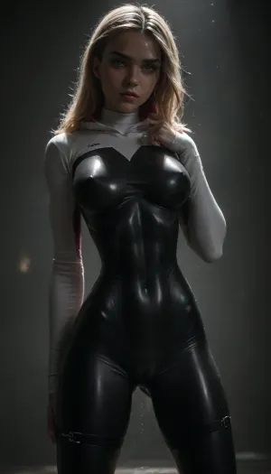 (((18 years old))), (((young))), (spider girl Gwen Stacy), Braided side Side Cornrows white Hair, (seductive shy face), ((tight outfit)), (athletic body:1.5), (athletic abs and legs), (hip gap:1.3), ((wide hips)), (narrow waist:1.6), (white hair), (view from front:1.6), standing, (makeup), ((pussy cameltoe:1.4)), (wet clothes), (makeup:1.4), (oiled skin:1.7), (wet tight bodysuit:1.8), hand, 1girl, (athletic ass), (high detailed face:1.5), dim lights, (hard nipples:1.3), (big perky boobs:1.4), big breast, (straps on her hips over bodysuit:1.5), (chiaroscuro lighting:.3), <lora:HandFineTuning_XL:1>, <lora:MGLRbodysuit_sdxl:.6>, <lora:uberfit_lora_sdxl:.4>, <lora:dark:.3>, <lora:M0llY_PARK3R-000001:.8>