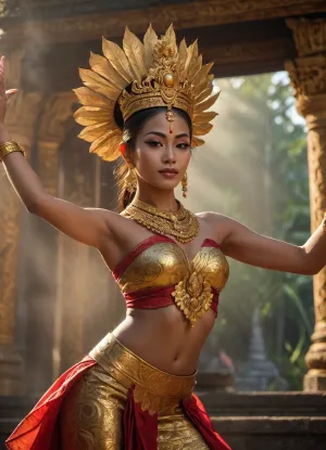 An authentic Balinese dancer from Legong dances at the golden gate of a Balinese temple. Extreme high-frequency detail in intricate brocade with gold threads, Prada fabric, and an ornate frangipani headdress. Subsurface scattering over warm skin tones. Golden hour lighting creates a halo around her silhouette. Volumetric incense smoke floats among the sunbeams. Global illumination reflects off the polished gold carvings of the temple. Kodak Vision3 5219 color grading, deep shadows, intense highlights, organic background noise, high dynamic range, detailed hands, dynamic Balinese dance pose, ultra-detailed face, Balinese dancer.