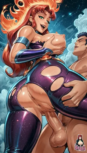 (StarFire from titans), large breasts, fire trail, cosmic fire trail, (perky nipples:1.4), round ass, flying through sky, tattered clothing, (ripped clothing:1.4), perky nipples, smiling, hairy pussy, godpussy, high contrast, (reiq style), <lora:cartoon_stickers_xl_v1:2>, <lora:ratatatat74-000050:2>, <lora:detailed_notrigger:2>, (from below), (from behind), (sex from behind with man:1.8), (average sized penis), (deep penetration:1.8), (vaginal penetration), (moaning:1.8), (she is grabbing her breasts:1.8)
