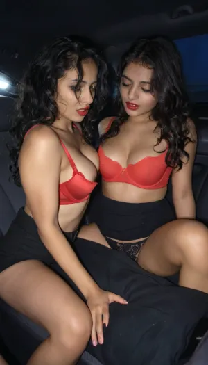 Realism, 1 indian 25yi beauty black wavy hair, 1 girl, red ripped Bra and black slips, lipstick, seducing her brother, he is sitting on brother, in a car light, night