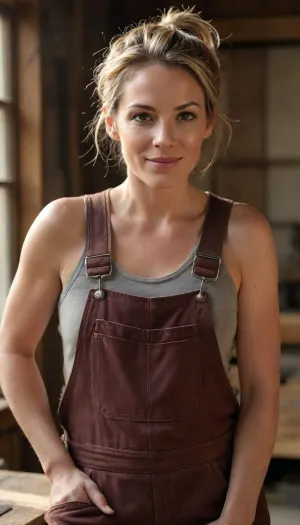A close-up portrait of an 40 year old female artisan woodworker in a sunlit workshop, dust motes dancing in the light, extreme detail on weathered skin and wood grain, she wears leather Dungarees, toned skin, low ponytail hairdo, shot on 85mm lens, cinematic lighting, warm tones, brunett hair with blonde highlights