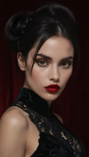 (An enrapturing portrait of an stunningly beautiful goth girl silhouetted against a black velvety backdrop:1.4), (focus on eyes, large expressive eyes, sensual expression, inescapable eye contact:1.2), (intricate elegant hairstyle, raven black hair:1.6), (Latina, pale creamy porcelain skin, intense eye contact, chiselled cheekbones, strong jawline, defined jawline, elegant neck), (goth makeup, heavy smokey eye shadow, heavy mascara, bold winged eyeliner, long thick eyelashes, immaculate eyebrows, blood red lipstick, wet lip look:1.4), (confident seductive smirk, glistening lips), ponychar3-RBSYPV3, <lora:ponychar3-0-RBSYPV3:.8>, 4ng3l, face, <lora:SDXL_BetterFaces-LoRA_v1:.8>, dark, chiaroscuro, low-key, <lora:zavy-cntrst-sdxl:.8>, Stable-Yogis-Makeup-Enhancer-XL