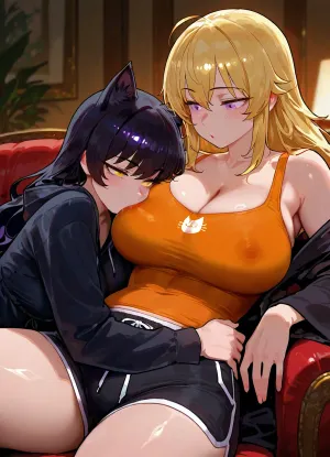 Yang Xiao, (RWBY), and Blake Belladonna, sucking each others boobs and cuddling with each other on the couch in their pajamas., (Yang Xiao is a tall, busty woman with long, blonde hair, purple eyes, wearing a orange tank top and black short shorts.), (Blake Belladonna, sexy cat girl, glowing yellow eyes, wearing black bath robe.), Dark, dim living room, cozy couch.

2 girls, assigned clothes, cuddling, hugging, breast feeding, grabbing boobs, soft, warm, 4k detail, clear, crisp.