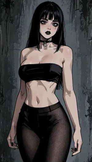 markgavatino style, bimbo body, giant ass, perfect hourglass, giant breasts, goth makeup, black lipstick, ((very long black hair, fringe)), black tube top, black pantyhose, black fishnet, ratatatat74, <lora:LCMTurboMix_Euler_A_fix:1.4>, <lora:EnvyBeautyXL02:1>, <lora:mk_Bp Anime_xl:1>, <lora:EnvyAnimeDigitalPaintingXL01:1>, <lora:ratatatat74-000050:1.9>