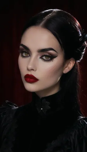 (An enrapturing portrait of an stunningly beautiful goth girl silhouetted against a black velvety backdrop, avant-garde high fashion goth esthetic:1.6), (focus on eyes, large expressive eyes, sensual expression, inescapable eye contact:1.2), (intricate elegant hairstyle, raven black hair:1.4), (Latina, pale creamy porcelain skin, intense eye contact, chiselled cheekbones, strong jawline, defined jawline, elegant neck), (goth makeup, heavy smokey eye shadow, heavy mascara, bold winged eyeliner, long thick eyelashes, immaculate eyebrows, blood red lipstick, wet lip look:2), (confident seductive smirk, glistening lips), ponychar3-RBSYPV3, <lora:ponychar3-0-RBSYPV3:.8>, 4ng3l, face, <lora:SDXL_BetterFaces-LoRA_v1:.8>, dark, chiaroscuro, low-key, <lora:zavy-cntrst-sdxl:.8>, Stable-Yogis-Makeup-Enhancer-XL