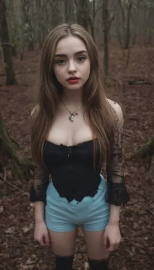 sabrina carpenter, alice in wonderland cosplay, cleavage, revealing, black hair, small breasts, nipples exposed, alt, emo, goth, natural lipstick, long legs spread apart, in a woods, L1NAL1S, <lora:L1NAL1S_last:.8>