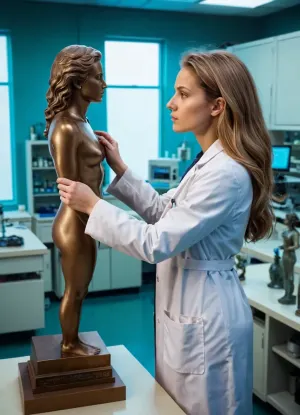 petite clothed woman scientist, (standing in a lab), (light brown hair), (toned body), (lab coat), (intensely inspecting a statue's head), (straight hair), <lora:ahxl_v1:.8>