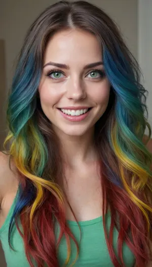 upper body view, a coquettish woman with a very long hair, bright green eyes, intensive eyes, perfect eyes, color strands in hair, blue highlights in hair, yellow highlights in hair, red highlights in hair, knowing smile, she is excited, chaotic swirling, scribbled lines, surrender, polychromatic