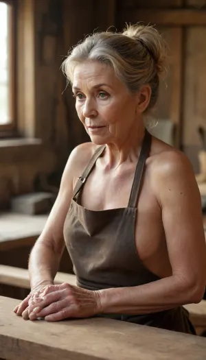 A close-up portrait of an 80 year old female artisan woodworker in a sunlit workshop, sitting at a workbench, focus on workpiece, dust motes dancing in the light, extreme detail on weathered skin and wood grain, she is naked, she wears Leather Apron, toned skin, low wild ponytail hairdo, shot on 85mm lens, cinematic lighting, warm tones, brunett hair with blonde highlights, medium breasts