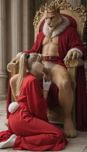 Furry Lola_Bunny kneeling before the king, (blowjob:1), king sitting on his throne, red robe, crown, palace