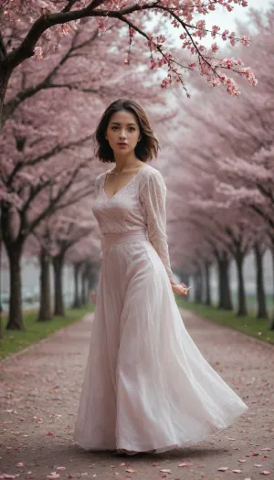 Premium fast rendering, realistic AI, beautiful AI, oof, blur, bokeh, chinese girl standing under a cherry blossom tree. Falling petals, dreamy vibe, blissful.