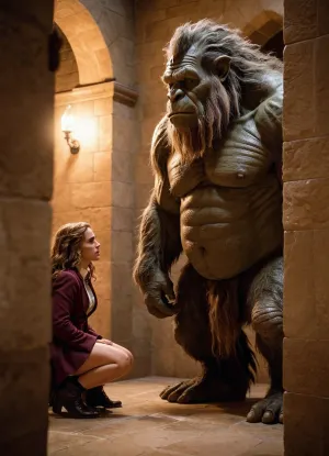 cute small Hermione Granger being fucked by a large monster troll in Hogwarts bathroom, onarmor, meatshield, fannypacking, <lora:onarmor_xl:.5>