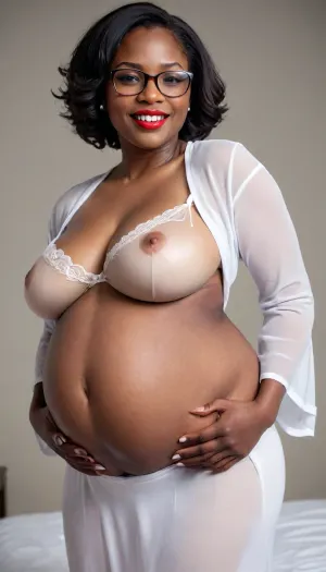 Expectant African American woman with enlarged bust.She is 8 months pregnant. Her pregnant belly is huge. She is smiling seductively. Her breasts are very large and engorged with milk. Her breasts are sagging. She is wearing a white nighty., She is 60 years old. She is wearing red lipstick. She is wearing glasses. 3/4 body view. Dark skin., l0ngha1r, Long straight hair., tomboyv4, <lora:milkers_v2:1.5>, <lora:Long_hair_LoRA_for_SDXL_v2:1.4>, <lora:Tomboy_Muscle_v4-000008:1.3>