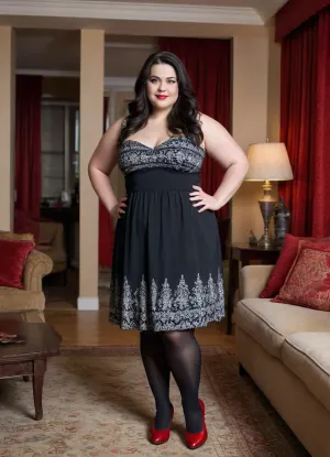 A young overweight woman, 25 years old, with a large bust and wide thighs. She has a round face with long jet-black hair, grey-blue eyes and full lips. She is wearing long black tights and a black knee-length dress with a white pattern. Red shoes. Silver jewellery. She is standing in a living room and smiling at the camera., <lora:Chubby BBW - XL:1.9>