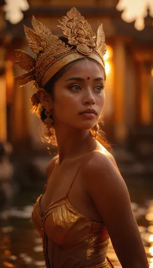 A Balinese dancer in a golden water temple, dynamic pose, elaborate headdress, bathed in the golden light of sunset, bokeh, perfect, eyes, skin, blemish, detailed, <lora:polyhedron_all_sdxl-000004:.8>, <lora:MJ52:.5>, <lora:strange_poses:.8>