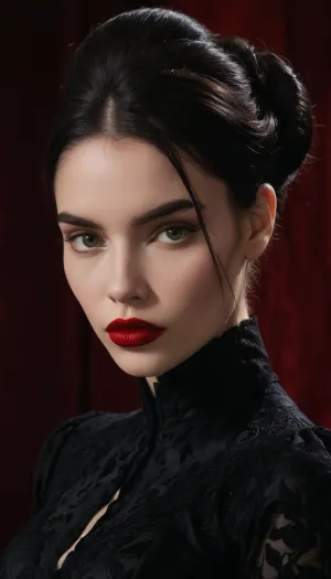 (An enrapturing portrait of an stunningly beautiful goth girl silhouetted against a black velvety backdrop:1.4), (focus on eyes, intense expression, inescapable eye contact, straight on view, leaning in:1.2), (intricate elegant hairstyle, raven black hair:1.6), (Latina, pale creamy porcelain skin, intense eye contact, chiselled cheekbones, strong jawline, defined jawline, elegant neck), (goth makeup, heavy smokey eye shadow, heavy mascara, bold winged eyeliner, long thick eyelashes, immaculate eyebrows, blood red lipstick, wet lip look:1.4), (predatory smirk, glistening lips), ponychar3-RBSYPV3, <lora:ponychar3-0-RBSYPV3:.8>, 4ng3l, face, <lora:SDXL_BetterFaces-LoRA_v1:.8>, dark, chiaroscuro, low-key, <lora:zavy-cntrst-sdxl:.8>, Stable-Yogis-Makeup-Enhancer-XL