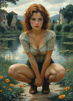 woman, 50 years old, (small body size:1.3), full body, Jean, Delville, style, of, Michael, Cheval, (onoff), (squatting down:1.3), <lora:tbh140-sdxl:.6>, <lora:tbh129-sdxl:.8>