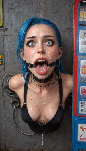 UHD, 8k wallpaper, (maximum quality:1.5), (ultra high resolution:1.7), (masterpiece:1.2), (full body view), award winning photo, (Extreme:1.25), (insanely detailed:1.9), (realism:1), (realistic:1.7), (hdr:1.4), hyper-detailed realistic body, hyper-detailed realistic face, (warm ambient light:.5), (dark shadows:1.4), Photorealistic masterpiece captured with high-end DSLR camera like Canon EOS 5D, ((hyperrealistic portrait of jinx in front of gray hound bus station in city panorama, beautiful hyperdetailed, excellent composition, best shadow, best illumination)), finely detail, cinematic angle, powerful radiant confident vibe, detailed background, dynamic angle, volumetric lighting, high detailed, high resolution, photorealistic, score_9, best quality, ultra photo quality, HDR, 4K, (((Jinx))), (detail Jinx:1.32), (detail jinx face:1.16), (hair in pigtails), (small perky breasts:1.3), cheating, full skinny figure, skinny thighs, wearing tight jinx costume, cleavage, (woman is stuck with her hips in a round hole with metal rim in a vending machine), (her bust is protruding from a round hole in the front of the vending machine:1.5), (stuck in hole with metal rim:1.3), (vending machine at night, slot for payment), (wide mouth spreader ring gag, gaping mouth:1.5), (leaning forward), (embarrassed, ashamed), (pleading expression:1.2), (terrified:1.6), (crying:1.2), (fear and panic:1.2), (box is low mounted, close to floor), (score_9, score_8_up, score_7_up, UHD 8K, masterpiece, best quality, maximum details, natural light, extreme realism, cinematic still), (huge penis:1.4), (she stares at erect penis in front of her face:1.3), (side view, she is looking up to viewer, submissive), (arms restrained to wall), (her arms left and right flat against the wall, multiple iron rings fixing her stretched arms against the wall:1.5), (iron rings restrain her arms to vending machine), (her arms are spread eagle against vending machine:1.8), (arms restrained with iron rings:1.8), (free-standing vending machine), (her face is covered in cum:1.6), (cum in er mouth:1.1), (bukkake, facial:1.5), heavy makeup, sweaty skin, slim feminine body with small natural B-cup bust firm and perky, very narrow toned waist, narrow curvy hips, small firm rounded buttocks, toned forearms and graceful hands with long fingers and manicured nails, height 171 cm, graceful and intellectual character, standing with one hand on hip, confident light expression, soft ambient lighting with gentle shadows hinting contours artistically, ultra-detailed skin texture and fabric details, pure realism, exhausted ecstatic expression, (masterpiece:1), hard nipples, hourglass waistline, perfect anatomic body, 35mm photograph, film, professional, 4k, hdr, photographic, ultra realistic, ultra high details, back light, jinx, (league, of, legends), <lora:Dark_Elf_Warrior:2>, <lora:zavy-brbrn-sdxl:2>, <lora:LCMTurboMix_Euler_A_fix:2>, <lora:JuggerCineXL2:2>, <lora:MIAOKA_JINX_1.0_SDXL:2>