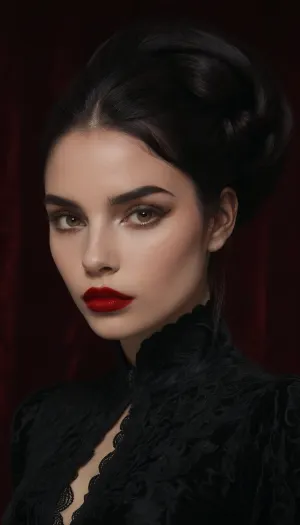 (An enrapturing portrait of an stunningly beautiful goth girl silhouetted against a black velvety backdrop:1.4), (focus on eyes, intense expression, inescapable eye contact, straight on view, leaning in:1.2), (intricate elegant hairstyle, raven black hair:1.6), (Latina, pale creamy porcelain skin, intense eye contact, chiselled cheekbones, strong jawline, defined jawline, elegant neck), (goth makeup, heavy smokey eye shadow, heavy mascara, bold winged eyeliner, long thick eyelashes, immaculate eyebrows, blood red lipstick, wet lip look:1.4), (predatory smirk, glistening lips), ponychar3-RBSYPV3, <lora:ponychar3-0-RBSYPV3:.8>, 4ng3l, face, <lora:SDXL_BetterFaces-LoRA_v1:.8>, dark, chiaroscuro, low-key, <lora:zavy-cntrst-sdxl:.8>, Stable-Yogis-Makeup-Enhancer-XL