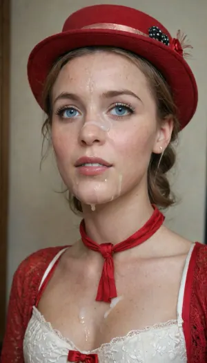 ((Mary Poppins)), portrait, 30th years blouse, hat, half body, she hates cum, cum hater, cum in her nose, cum over eyes, percy nipples, woman, cum, on, face, <lora:JustCum:1.6>, <lora:cum_in_eye_deepmind:.8>