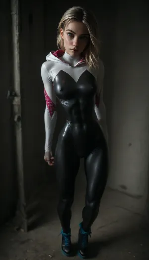 (((18 years old))), (((young))), (spider girl Gwen Stacy), Braided side Side Cornrows white Hair, (seductive shy face), (tied high-platform boots), (seductive sexy pose:1.2), ((tight outfit)), (athletic body:1.5), (athletic abs and legs:1.2), (hip gap:1.3), wide hips, (narrow waist:1.6), (white hair), (view from side:1.6), standing into the office, (makeup:1.4), ((pussy cameltoe:1.4)), (wet oiled clothes), (oiled skin:1.7), (wet tight bodysuit:2), hand, 1girl, (athletic ass), (high detailed face:1.5), dim lights, (hard nipples:1.3), (big perky boobs:1.2), big breast, (chiaroscuro lighting:.3), <lora:HandFineTuning_XL:1>, <lora:MGLRbodysuit_sdxl:.6>, <lora:uberfit_lora_sdxl:.4>, <lora:dark:.3>, <lora:M0llY_PARK3R-000001:.8>