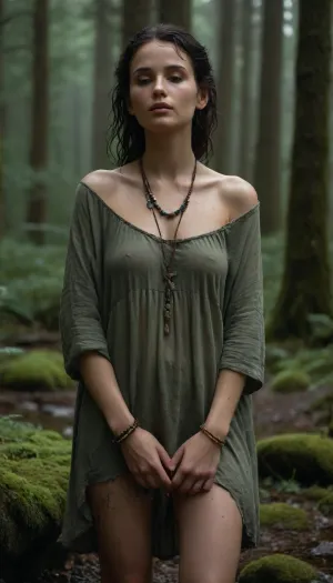 ** Witch girl in a relaxed pose in the rain.** Her raven-colored hair is loose, slightly wavy, with wooden beads woven into the strands and feathers sticking to her skin from the moisture. She is wearing a loose tunic made of natural linen in a milky shade, soaked in the rain, the fabric hugs her ample breasts, transparent in the light, but gently conceals the shape of her thighs, reaching to her knees. The left shoulder is exposed, and the sleeve of the right arm slides down, exposing the collarbone. Around her neck is a simple necklace made of river stones and leather, bracelets made of coarse textiles and turquoise. She stands barefoot on moss by an old stone well, surrounded by a wild forest of lichen-covered boulders, ferns, and rain-drenched flowers. Her posture is deliberately casual, her head is slightly thrown back, her eyes are closed, and her lips are slightly parted, as if she is inhaling the smell of rain. Her face is lightly flushed and her skin glistens with moisture. The rain washes softly over her, trickles down her back, neck, and legs, and the hem of her tunic sticks to her thighs, emphasizing their roundness. All around — fog mixed with rain, and the green of the forest, illuminated by the dim light of the moon. The atmosphere is calm, almost peaceful, no crows, no tombstones — just nature. Her image combines natural sexuality, (wet fabric, exposed skin), and harmony with the forest, and in her hand she holds a wreath of wildflowers, as if just woven. Details, drops on the eyelashes, a slight smile, bare feet pressed into the moss, and a warm skin tone that contrasts with the cold tones of the rain., witch_style