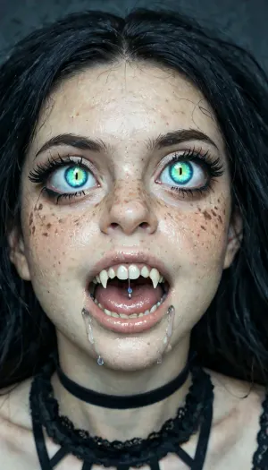 (petite sexy gothic), (masquera:1.2), (drooling, rolling eyes, moaning), (growing sharp snake fangs:1.2), freckles, (reptile pupils:1.3), <lora:SG2:.8>