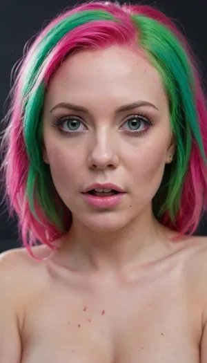 masterpiece, best quality, bukkake, upper body, green scales alien female, bright pink hair, highly detailed, epic, gorgeous, film grain, <lora:MS_Real_XL_Bukkake:.5>