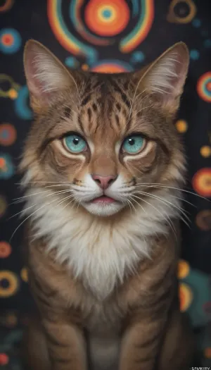 Psychedelic Photo of an actual cat, large cat, realistic detail, trippy visuals, crazy visuals, weird ambient lighting, dim, background visuals, clear details, Psychedelic background, psychedelic pattern on fur, trippy unique eye colors, cat is definitely not impressed, majestic as fuck