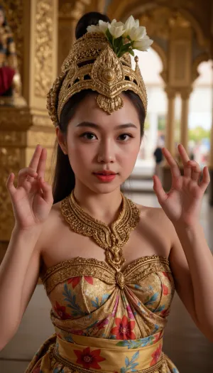 Cinematic portrait of a Balinese temple dancer performing the Legong dance in exquisite traditional costume. Detailed gold filigree crown, (Gelungang), adorned with fresh frangipani flowers. An intricate silk sarong with a vibrant floral print. Expressive eyes and dramatic hand gestures, (mudra), that are an integral part of this dance. In a golden Balinese temple with golden columns. Soft cinematic lighting, hyper-realistic photography, bokeh, cultural style.
