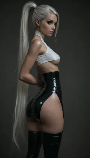 (score_7_up, score_8_up, score_9, 1girl, solo, masterpiece), ((long white ponytail:1.5)), (athletic rounded ass:1.3), (shy seductive face:1), ((latex micro skirt with side slit:1.6)), 25yo girl, (((athletic skin body))), (narrow waist:1.4), ((hip gap)), ((white g-strings:1.6)), white wide choker, (wet skin:1.5), (view from behind:1.3), ((into the office)), (oiled skin:1.3), ((black stockings with latex garters:2)), ((garters:1.4)), (chiaroscuro lighting:.5), (erected nipples), ((view from side:2)), (big perky boobs:1.1), (((standing:2))), ((white micro tube-top:1.3)), (underboobs), (very thin top:1.2), (makeup:1.5), hand, <lora:sunnyrayyxo_v1_SDXLBase:.4>, <lora:dark:.4>, <lora:HandFineTuning_XL:1>, <lora:attractive_notrigger:.8>