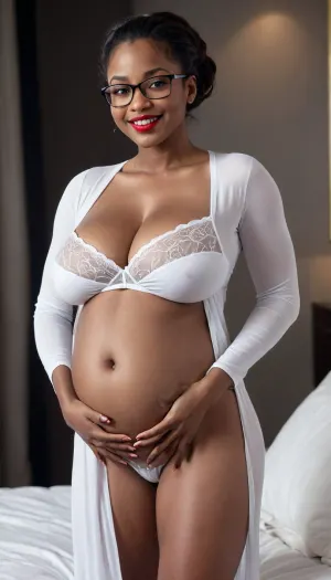 Expectant African American woman with enlarged bust.She is 8 months pregnant. She is smiling seductively. Her breasts are very large and engorged with milk. Her breasts are sagging. She is wearing a white nighty., She is 30 years old. She is wearing red lipstick. She is wearing glasses. 3/4 body view. Dark skin., l0ngha1r, Long straight hair., tomboyv4, <lora:milkers_v2:1.5>, <lora:Long_hair_LoRA_for_SDXL_v2:1.4>, <lora:Tomboy_Muscle_v4-000008:.8>