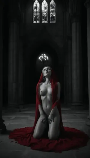 A nude woman kneeling on cold stone inside a vast grey gothic cathedral, her skin pale and marked by ash. The scene is entirely in grayscale, except for a single flowing red veil that descends from the ceiling, wrapping around her shoulders and chest like blood made silk. Her eyes are closed, hands resting on her thighs, lips parted in silent devotion. Around her, crumbled statues watch with broken eyes. Candlelight flickers faintly, casting sharp shadows across the walls. Cinematic sacred erotica, ultra-detailed grayscale textures, red fabric as divine touch.