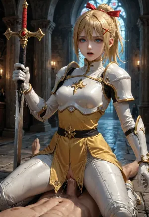 1girl, Darkness, adult woman, 36 years old, bright yellow hair, hair between eyes, red hairpins, blue eyes, warry face, frowning, mouth opened, yelling, white and yellow dress, white breastplate, white pauldron, yellow bracers, red ribbon on chest, white tassets, white greaves, shaved pussy exposed, wielding big sword, sword is planted in the ground, kneeling over viewer, fucked cowgirl by viewer, (big penis), cock deep into vagina, (deep penetration), exaggerated squirting, powerful squirting, squirt dripping heavily, wet pussy, in cathedral, 3/4 side view, ksdarkness, ponytail, x, hair, ornament, white armor, shoulder, black full bodysuit, tight black gloves, Cthulhu, cathedral, <lora:konosuba_darkness_xl-000005:1.3>, <lora:detailed_notrigger:.8>, <lora:Cthulhu_cathedral:.8>