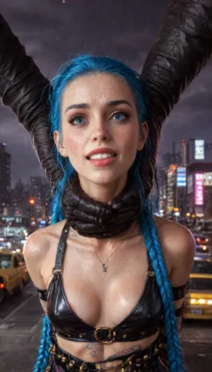 UHD, 8k wallpaper, (maximum quality:1.5), (ultra high resolution:1.7), (masterpiece:1.2), (full body view), award winning photo, (Extreme:1.25), (insanely detailed:1.9), (realism:1), (realistic:1.7), (hdr:1.4), hyper-detailed realistic body, hyper-detailed realistic face, (warm ambient light:.5), (dark shadows:1.4), Photorealistic masterpiece captured with high-end DSLR camera like Canon EOS 5D, ((hyperrealistic portrait of jinx in front of gray hound bus station in city panorama, beautiful hyperdetailed, excellent composition, best shadow, best illumination)), finely detail, cinematic angle, powerful radiant confident vibe, detailed background, dynamic angle, volumetric lighting, high detailed, high resolution, photorealistic, score_9, best quality, ultra photo quality, HDR, 4K, (((Jinx))), (detail Jinx:1.32), (detail jinx face:1.16), (hair in pigtails), (small perky breasts:1.3), cheating, full skinny figure, skinny thighs, wearing tight jinx costume, cleavage, heavy makeup, sweaty skin, slim feminine body with small natural B-cup bust firm and perky, very narrow toned waist, narrow curvy hips, small firm rounded buttocks, long poised legs with slender thighs graceful calves and delicate arched feet, elegant slender arms with toned forearms and graceful hands with long fingers and manicured nails, height 171 cm, graceful and intellectual character, standing with one hand on hip, confident light expression, soft ambient lighting with gentle shadows hinting contours artistically, ultra-detailed skin texture and fabric details, pure realism, exhausted ecstatic expression, (masterpiece:1), hard nipples, hourglass waistline, perfect anatomic body, (man is choking her:1.4), (4 gigantic African black brute thug, huge trunklike arms, huge head, hyper muscular body, dressed in slave clothes:1.32), ((hogtied, bound for sex, tied up)), 4 gigantic African black brute thug drag jinx into black van, 35mm photograph, film, professional, 4k, hdr, photographic, ultra realistic, ultra high details, back light, jinx, (league, of, legends), <lora:Dark_Elf_Warrior:2>, <lora:zavy-brbrn-sdxl:2>, <lora:LCMTurboMix_Euler_A_fix:2>, <lora:JuggerCineXL2:2>, <lora:MIAOKA_JINX_1.0_SDXL:2>