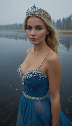 beautiful blonde woman, in blue dress with cristal and diamonds, diamond tiara, walking in Russian plain, snowing, Frozen lake, light fog, Feerie