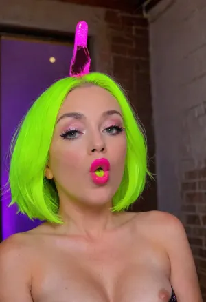 (futurist style:1.3), (I'm 80 years old and have neon yellow hair with sparkles:1.8), ((big purple lips with glitter:1.3)), purple eyes, ecstatic terror with flushed cheeks, a satin garter belt with, (pink stockings with a bunny pattern, red stiletto shoes), bare shoulders, unhealthy blush on face, (Futanari XL receiving deep throat blowjob from her), (deep blowjob), cock fully in her mouth, cum overflowing, drool everywhere, cum dripping onto breasts, extremely webbed saliva threads, tears mixing with sweat, flat chest, head tilted back against wall, dark alleyway, night, neon light, cartoon, retro, futuristic, masterpiece, The golden collar of submission., realistic lighting, ultra high resolution, clear focus, depth of field, 32k, 30 mm lens, 1/250 s, f/2.8, ISO 300, UHD 8K, high resolution face, score_9, score_8_up, score_7_up, score_6_up, (j_cartoon:1.5), full body view, twintails, dress, gloves, elbow, clothing, cutout, neck, ribbon, blue, hair, (gradient, hair), erect-futa, erect-penis, woman, testicles, erection, makeup, eyeliner, eyelashes, There's a heart-shaped hole in her panties, <lora:futanari_XL:1.4>, <lora:SDXLlora13ErFut:.8>, <lora:8_Lips:1.4>, <lora:Modern_MakeUp_XL_v0_1:2>