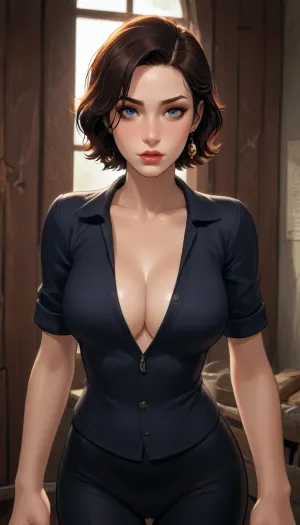 (Fallout:1.5), hottie, (close-up of her face:.9), torso focus, black hair, pixie hairstyle, orange ombre hair, (dramatic, eye, makeup:1.2), (shaved head), (pubic hair:.9), piercings, eyebrow ring, (lipstick), (dark walls), (close up:.2), (reiq:1.3), (from below:.3), (eye, contact, with, viewer), (side+front view), (hyper detailed), (reiq:1.2), (Incase style:1.2), eye shadow, standing, (hips, tilted:1.4), (deep cleavage), tugging shirt
